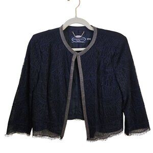 Magaschoni Vintage Unique Silver Beaded Trim Navy Lace Lightweight Jacket Size 8